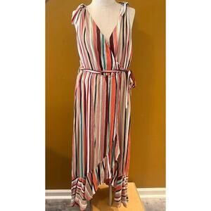 Moon Rchid Maxi Dress Womens Large Multi Striped High Low Tie Waist Wrap V Neck